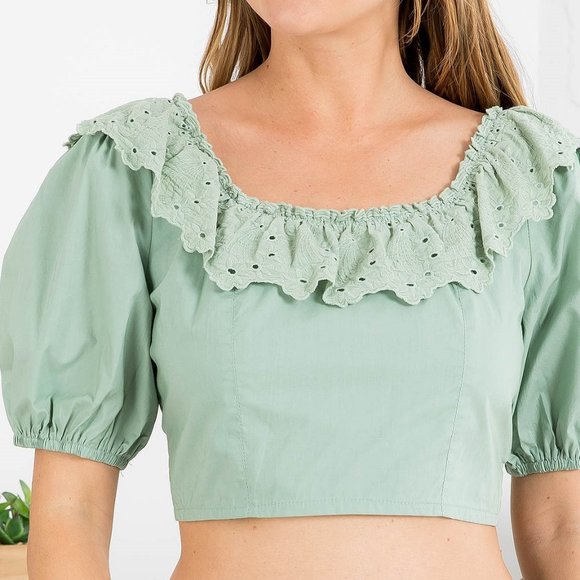 NEW Sage Moss Green 100% Cotton Eyelet Embroidered Ruffle Bow Tie Back Crop Top - Picture 7 of 9